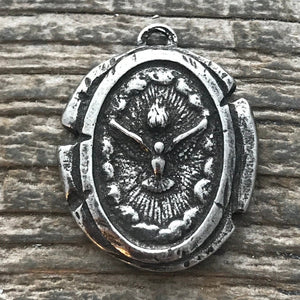 Wax Seal Dove Medal, Catholic Religious Holy Spirit Pendant, Oxidized Antiqued Silver Charm, Religious Jewelry, PW-6063