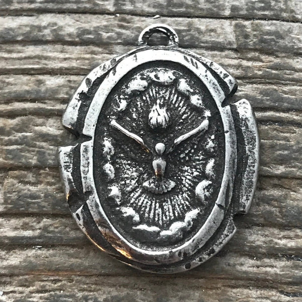 Load image into Gallery viewer, Wax Seal Dove Medal, Catholic Religious Holy Spirit Pendant, Oxidized Antiqued Silver Charm, Religious Jewelry, PW-6063

