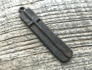 Large Brown Cross Pendant, Long Skinny Modern Bar Rectangle Cross, Rustic Brown Cross for Jewelry Making Supplies, BR-6136