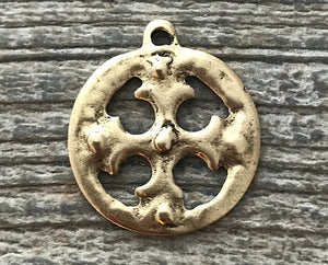 Ancient Circle Cross Charm, Cross Coin Token, Gold Religious Cross, Antiqued Gold Charm, Christian Jewelry Making Supplies, GL-6055
