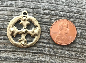 Ancient Circle Cross Charm, Cross Coin Token, Gold Religious Cross, Antiqued Gold Charm, Christian Jewelry Making Supplies, GL-6055
