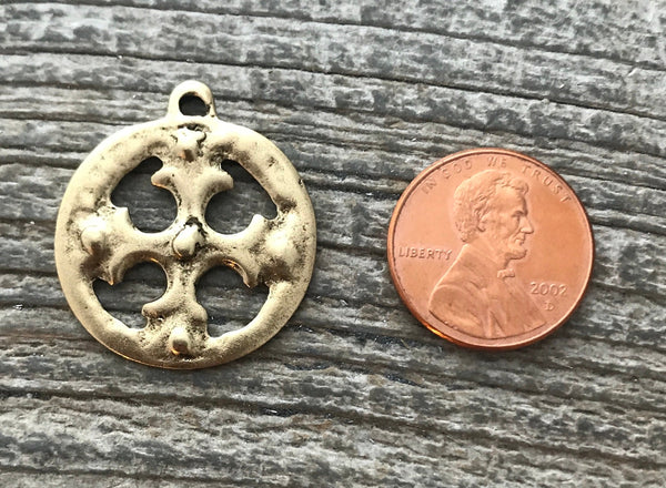 Load image into Gallery viewer, Ancient Circle Cross Charm, Cross Coin Token, Gold Religious Cross, Antiqued Gold Charm, Christian Jewelry Making Supplies, GL-6055
