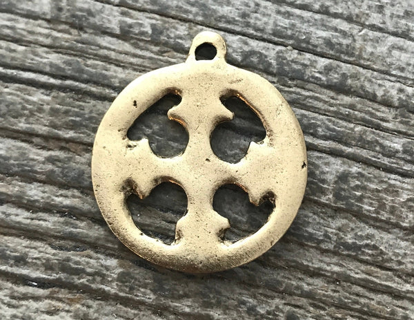 Load image into Gallery viewer, Ancient Circle Cross Charm, Cross Coin Token, Gold Religious Cross, Antiqued Gold Charm, Christian Jewelry Making Supplies, GL-6055
