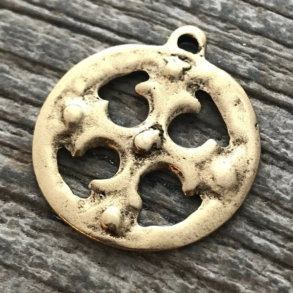 Load image into Gallery viewer, Ancient Circle Cross Charm, Cross Coin Token, Gold Religious Cross, Antiqued Gold Charm, Christian Jewelry Making Supplies, GL-6055
