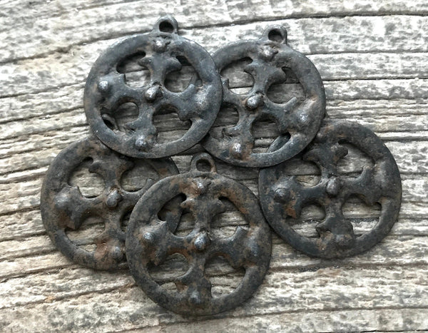 Load image into Gallery viewer, Ancient Circle Cross Charm, Cross Coin Token, Rustic Brown Religious Cross, Christian Jewelry Making Supplies, BR-6055

