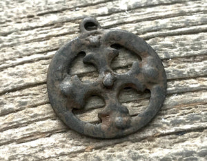 Ancient Circle Cross Charm, Cross Coin Token, Rustic Brown Religious Cross, Christian Jewelry Making Supplies, BR-6055