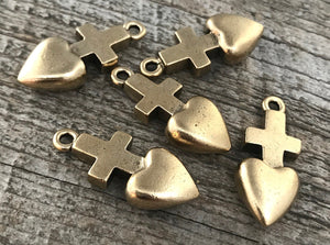 Cross Pendant, Antiqued Gold Heart, Cross Charm, Heart Pendant, Heart Cross, Ex Voto, Milagro, Talisman, GL-6002