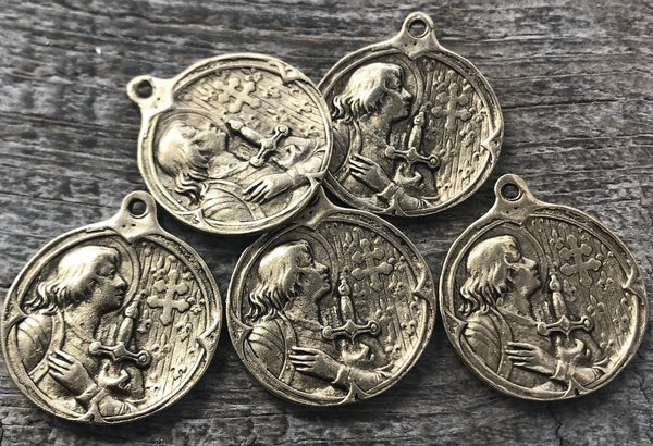 Load image into Gallery viewer, Joan of Arc Medal, Antiqued Gold Charm Pendant, Brave Woman, Saint of Soldiers, Religious Christian Catholic Jewelry Supplies, GL-6057
