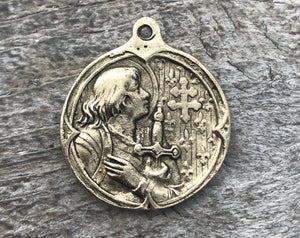 Joan of Arc Medal, Antiqued Gold Charm Pendant, Brave Woman, Saint of Soldiers, Religious Christian Catholic Jewelry Supplies, GL-6057