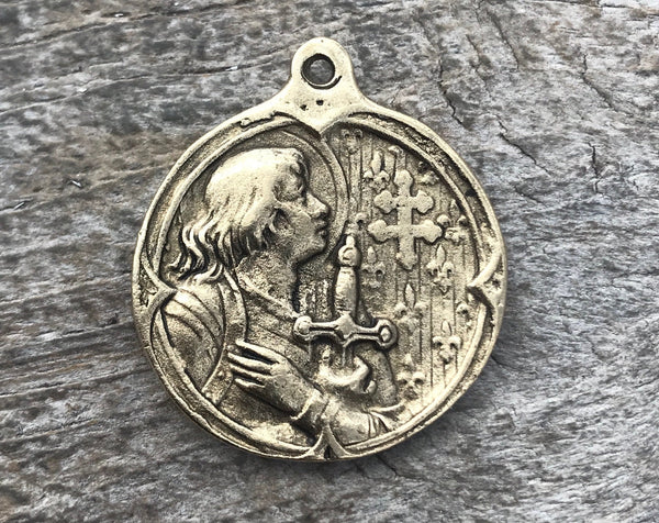 Load image into Gallery viewer, Joan of Arc Medal, Antiqued Gold Charm Pendant, Brave Woman, Saint of Soldiers, Religious Christian Catholic Jewelry Supplies, GL-6057
