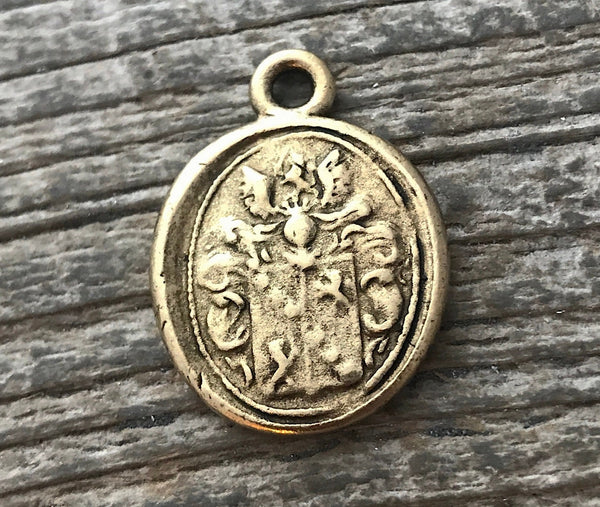 Load image into Gallery viewer, Wax Seal Charm, Armorial Wax Seal, Family Crest Pendant, Antiqued Gold Charm, NEW GL-6054
