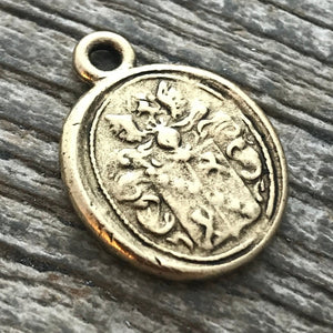 Wax Seal Charm, Armorial Wax Seal, Family Crest Pendant, Antiqued Gold Charm, NEW GL-6054