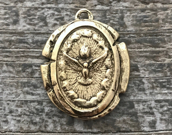 Load image into Gallery viewer, Wax Seal Dove Medal, Catholic Religious Holy Spirit Pendant, Antiqued Gold Charm, Religious Jewelry, GL-6063

