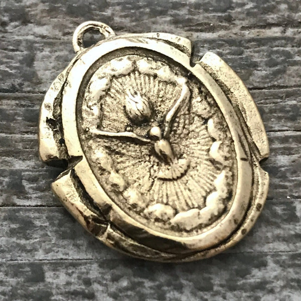 Load image into Gallery viewer, Wax Seal Dove Medal, Catholic Religious Holy Spirit Pendant, Antiqued Gold Charm, Religious Jewelry, GL-6063
