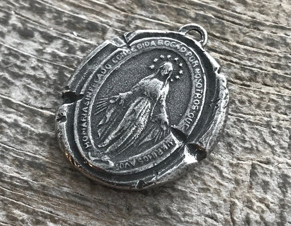 Load image into Gallery viewer, Wax Seal Mary Medal, Catholic Religious Pendant, Blessed Mother, Antiqued Silver Charm, Religious Jewelry, PW-6065
