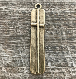 Large Gold Cross Pendant, Long Skinny Modern Bar Rectangle Cross, Antiqued Gold Cross for Jewelry Making Supplies, GL-6136