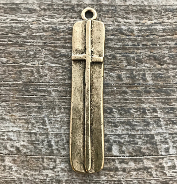 Load image into Gallery viewer, Large Gold Cross Pendant, Long Skinny Modern Bar Rectangle Cross, Antiqued Gold Cross for Jewelry Making Supplies, GL-6136
