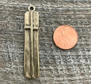 Large Gold Cross Pendant, Long Skinny Modern Bar Rectangle Cross, Antiqued Gold Cross for Jewelry Making Supplies, GL-6136