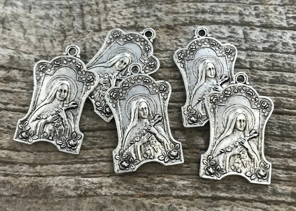 Load image into Gallery viewer, St. Theresa, The Little Flower, St. Teresa, Silver Catholic Medal, Religious Jewelry Making Charm, Rosary Charm, Lisieux, SL-6099
