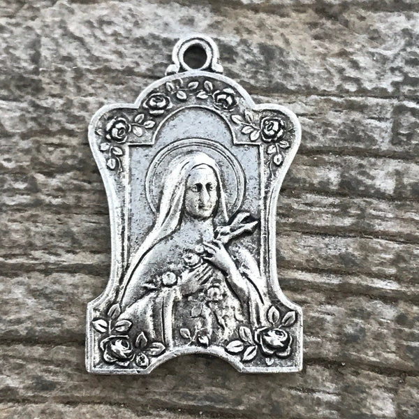 Load image into Gallery viewer, St. Theresa, The Little Flower, St. Teresa, Silver Catholic Medal, Religious Jewelry Making Charm, Rosary Charm, Lisieux, SL-6099
