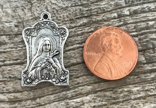 Load image into Gallery viewer, St. Theresa, The Little Flower, St. Teresa, Silver Catholic Medal, Religious Jewelry Making Charm, Rosary Charm, Lisieux, SL-6099
