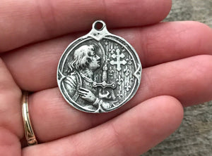 Joan of Arc Medal, Antiqued Oxidized Silver Charm Pendant, Brave Woman, Saint of Soldiers, Religious Christian Catholic Supplies, PW-6057