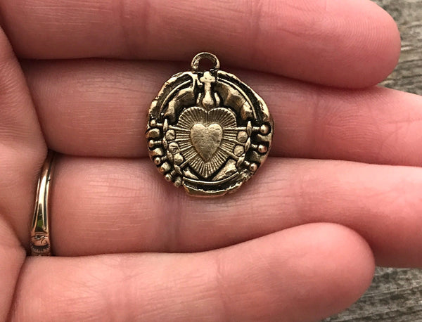Load image into Gallery viewer, Wax Seal Medal, Catholic Religious Immaculate Heart of Seven 7 Sorrows, Antiqued Gold Charm, Religious Jewelry, GL-6062
