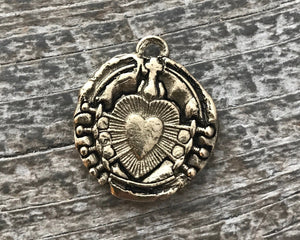 Wax Seal Medal, Catholic Religious Immaculate Heart of Seven 7 Sorrows, Antiqued Gold Charm, Religious Jewelry, GL-6062