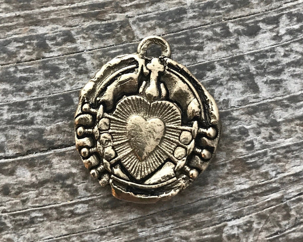 Load image into Gallery viewer, Wax Seal Medal, Catholic Religious Immaculate Heart of Seven 7 Sorrows, Antiqued Gold Charm, Religious Jewelry, GL-6062
