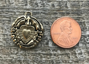 Wax Seal Medal, Catholic Religious Immaculate Heart of Seven 7 Sorrows, Antiqued Gold Charm, Religious Jewelry, GL-6062