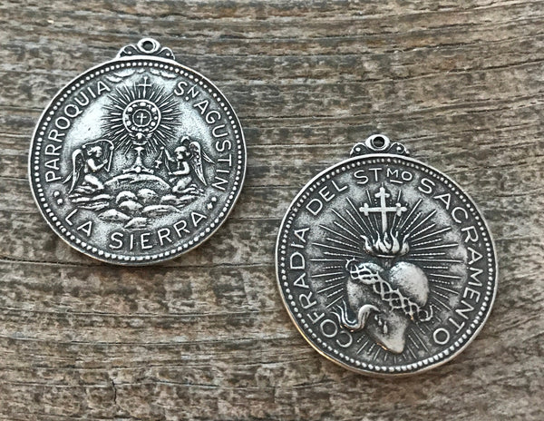 Load image into Gallery viewer, Sacred Heart Pendant, St. Augustine Medal, Antiqued Silver Pendant, Catholic Christian Jewelry, PW-6064
