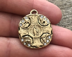 Swarovski Crystal Antiqued Gold Cross Charm, Wax Seal Style Pendant, Rhinestone Jewelry Making, Artisan Findings, GL-6169