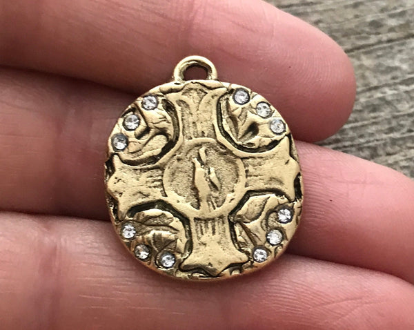 Load image into Gallery viewer, Swarovski Crystal Antiqued Gold Cross Charm, Wax Seal Style Pendant, Rhinestone Jewelry Making, Artisan Findings, GL-6169
