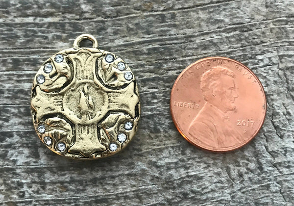 Load image into Gallery viewer, Swarovski Crystal Antiqued Gold Cross Charm, Wax Seal Style Pendant, Rhinestone Jewelry Making, Artisan Findings, GL-6169
