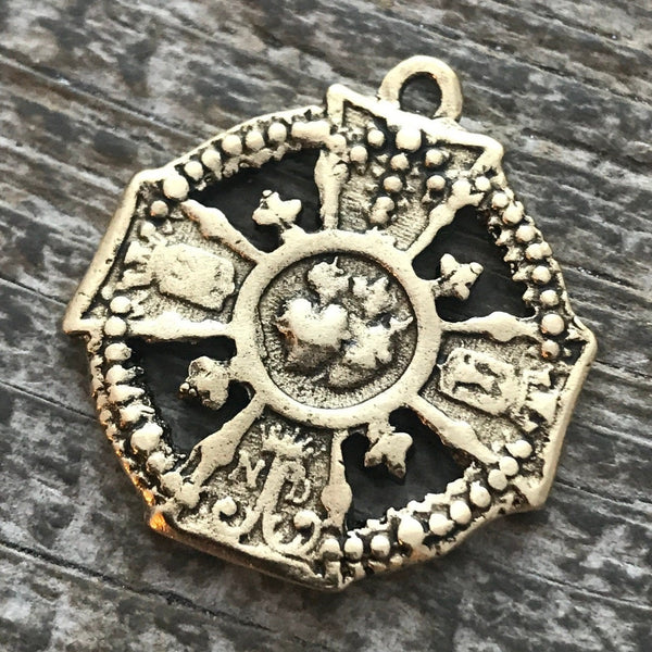 Load image into Gallery viewer, Sacred Immaculate Heart Cross, Notre Dame Catholic Religious French Medal, Antiqued Gold Charm, Jewelry Making Supplies, GL-6070
