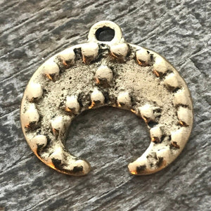 Bumpy Crescent Pendant, Antiqued Gold Dotted Moon, Artisan Pendant Charm, GL-6067