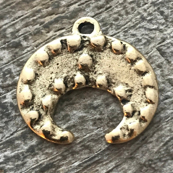 Load image into Gallery viewer, Bumpy Crescent Pendant, Antiqued Gold Dotted Moon, Artisan Pendant Charm, GL-6067
