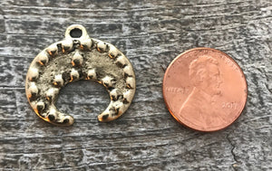 Bumpy Crescent Pendant, Antiqued Gold Dotted Moon, Artisan Pendant Charm, GL-6067