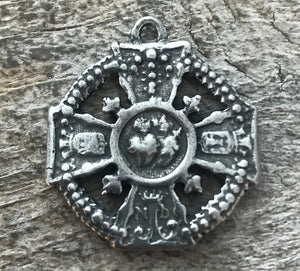 Sacred Immaculate Heart Cross, Notre Dame Catholic Religious French Medal, Antiqued Silver Charm, Jewelry Making Supplies, PW-6070