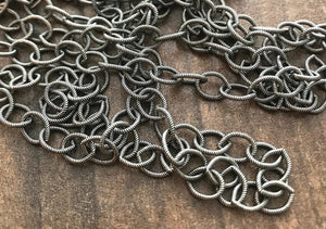 Silver Textured Etched Chain, Circle Cable Bulk Chain By Foot, Oxidized Necklace Bracelet, PW-2009