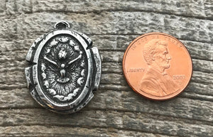 Wax Seal Dove Medal, Catholic Religious Holy Spirit Pendant, Oxidized Antiqued Silver Charm, Religious Jewelry, PW-6063