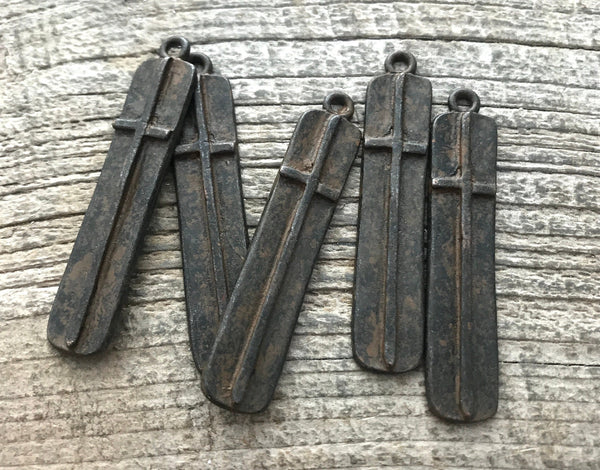 Load image into Gallery viewer, Large Brown Cross Pendant, Long Skinny Modern Bar Rectangle Cross, Rustic Brown Cross for Jewelry Making Supplies, BR-6136
