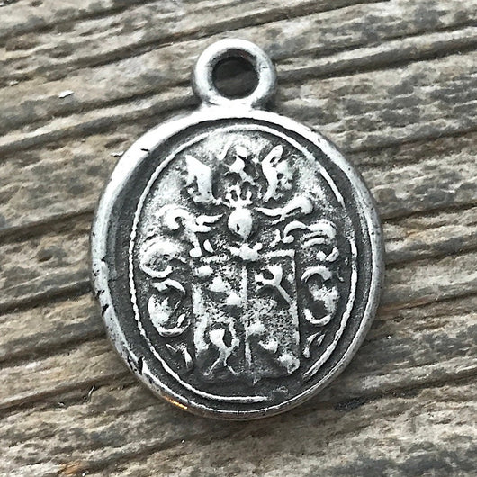 Wax Seal Charm, Armorial Wax Seal, Family Crest Pendant, Antiqued Oxidized Silver Charm, PW-6054