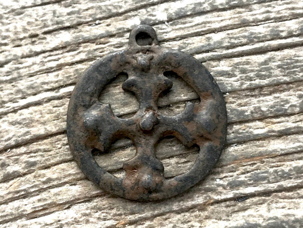 Load image into Gallery viewer, Ancient Circle Cross Charm, Cross Coin Token, Rustic Brown Religious Cross, Christian Jewelry Making Supplies, BR-6055
