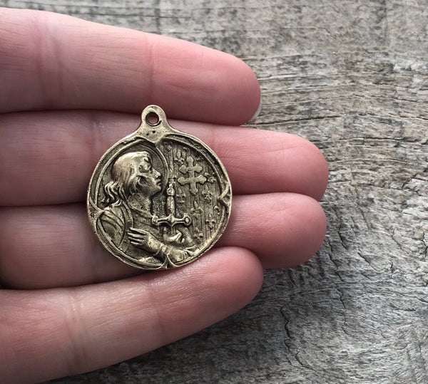 Load image into Gallery viewer, Joan of Arc Medal, Antiqued Gold Charm Pendant, Brave Woman, Saint of Soldiers, Religious Christian Catholic Jewelry Supplies, GL-6057
