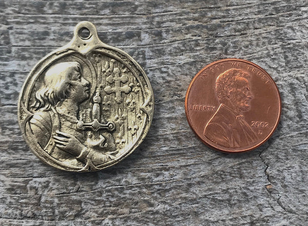 Load image into Gallery viewer, Joan of Arc Medal, Antiqued Gold Charm Pendant, Brave Woman, Saint of Soldiers, Religious Christian Catholic Jewelry Supplies, GL-6057
