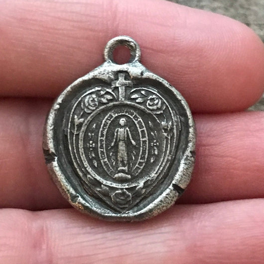 Wax Seal Mary Heart Medal, Catholic Religious Pendant, Blessed Mother, Antiqued Silver Charm, Religious Jewelry, PW-6053