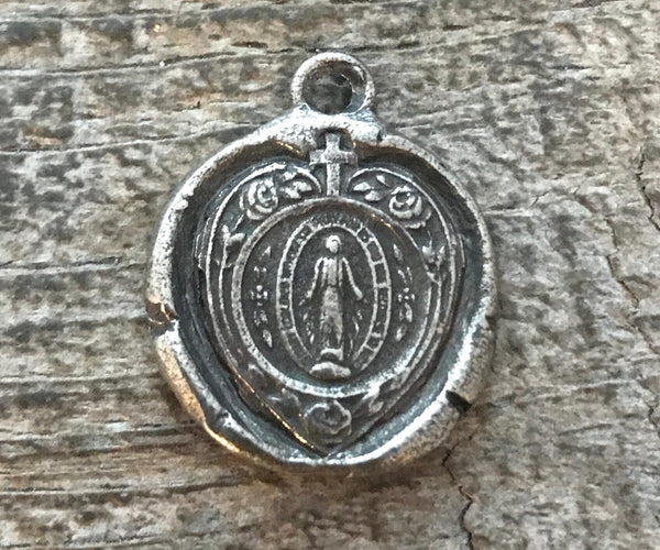 Load image into Gallery viewer, Wax Seal Mary Heart Medal, Catholic Religious Pendant, Blessed Mother, Antiqued Silver Charm, Religious Jewelry, PW-6053
