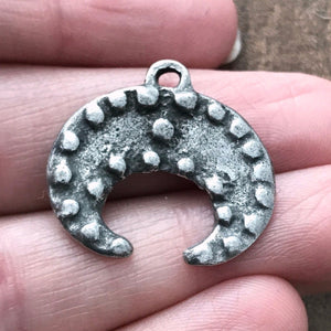 Bumpy Crescent Pendant, Antiqued Silver Dotted Moon, Artisan Pendant Charm, PW-6067