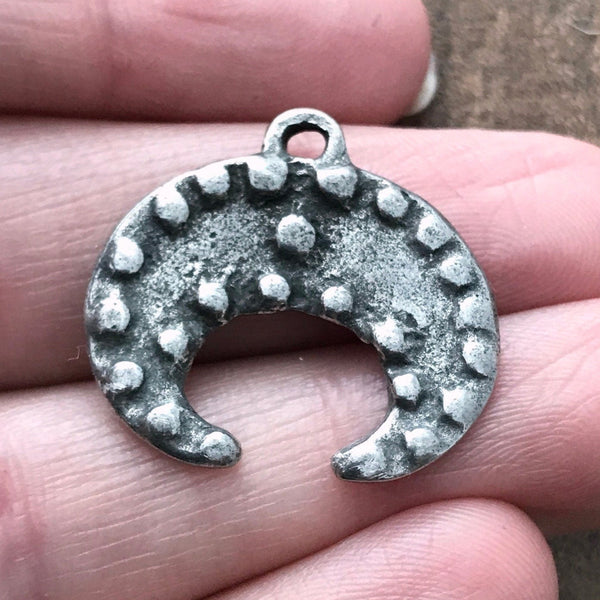 Load image into Gallery viewer, Bumpy Crescent Pendant, Antiqued Silver Dotted Moon, Artisan Pendant Charm, PW-6067
